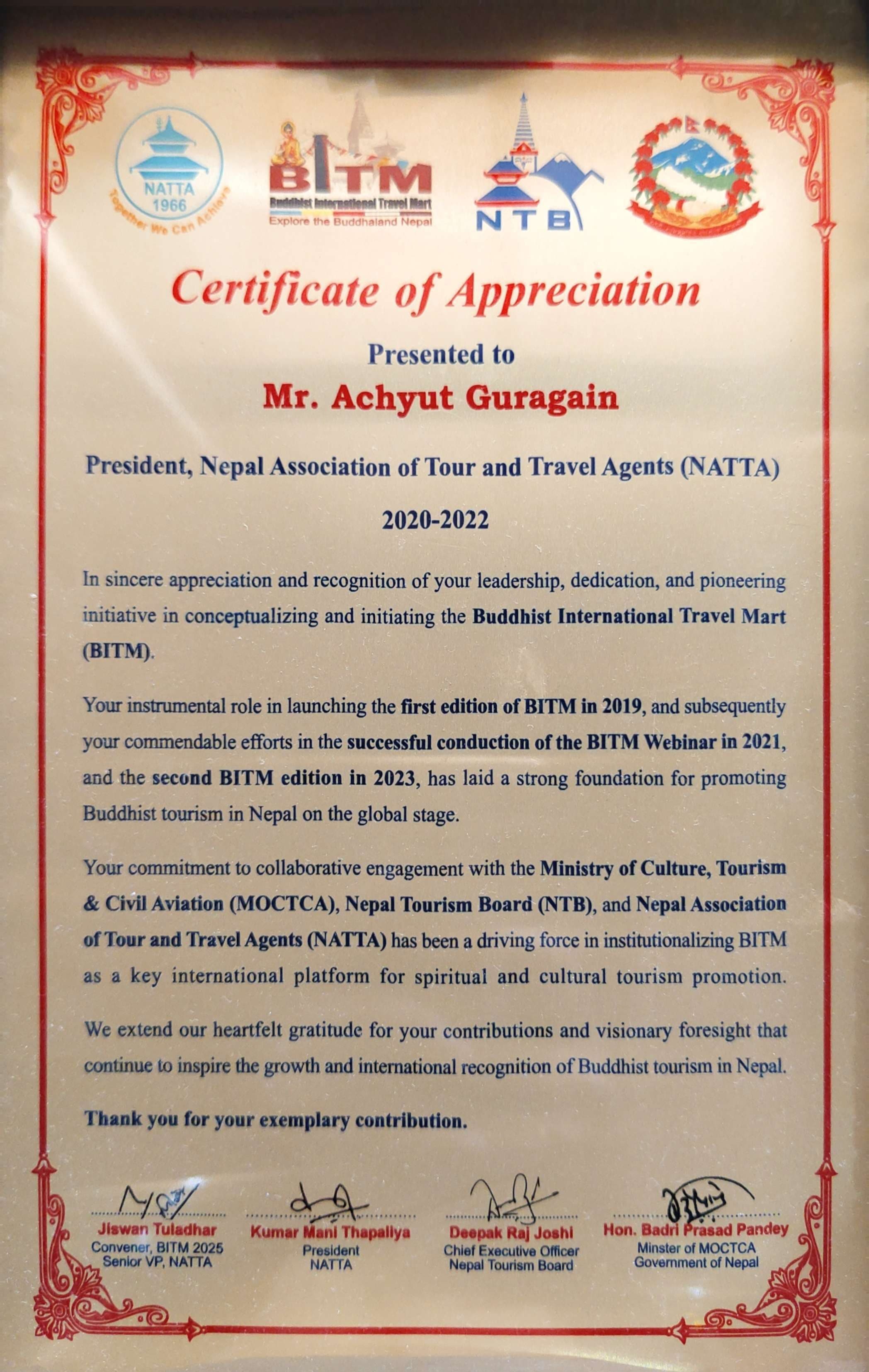 Certificate of Appreciation — BITM